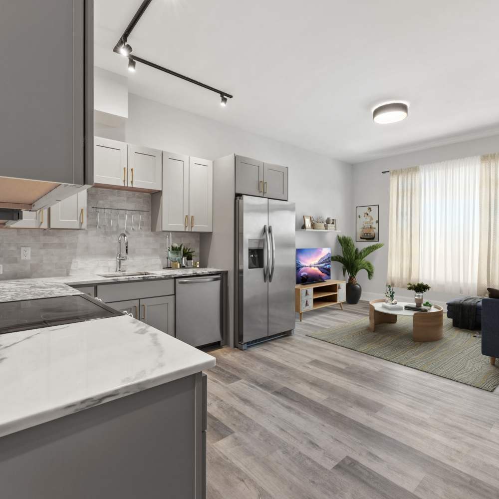 Small Kitchen with living area at The Magellan in Port Chester, New York