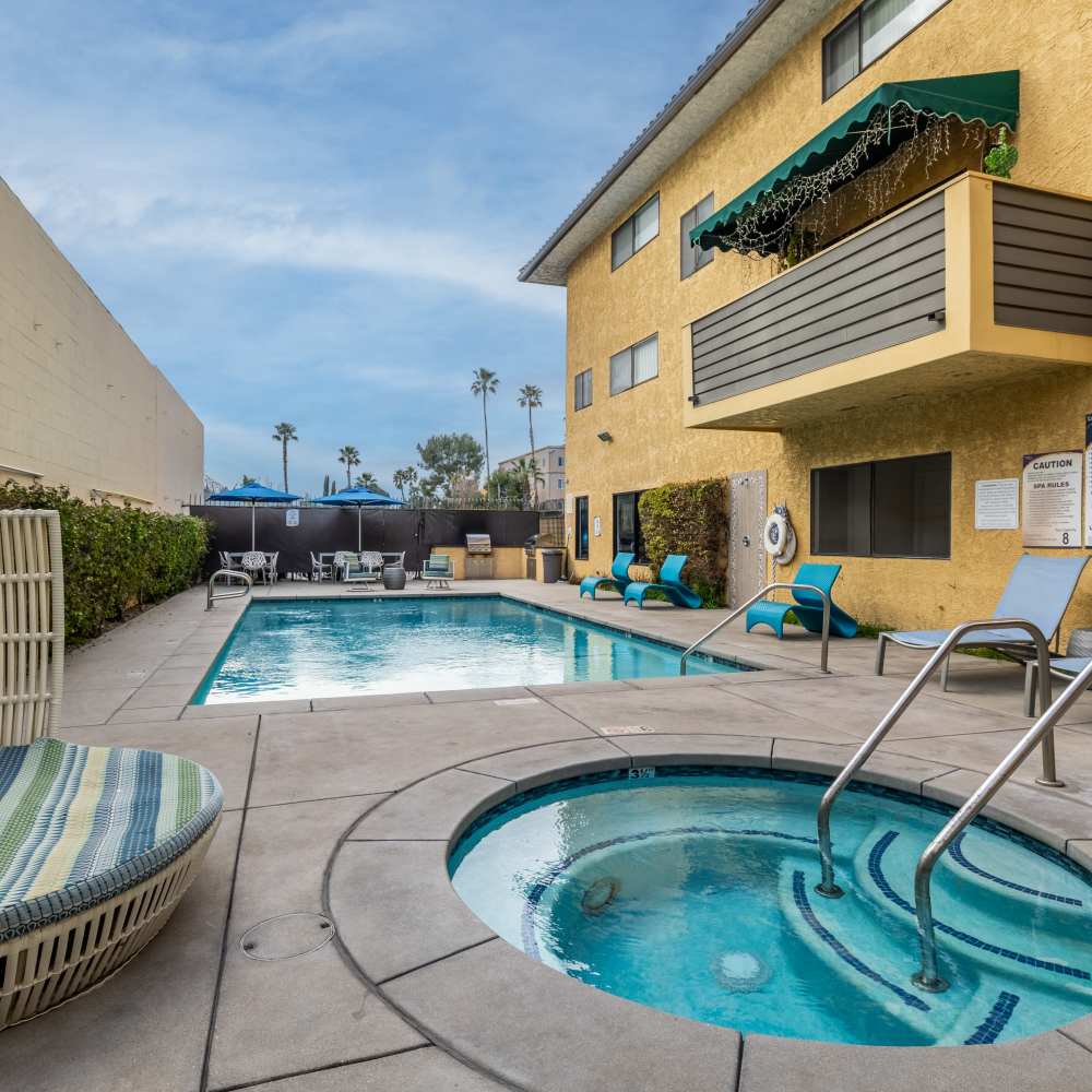 Pool area view at Canyon Village in North Hollywood, California