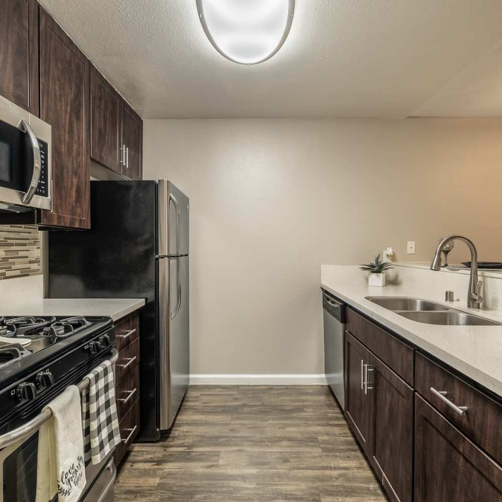 Compact kitchen view at Canyon Village in North Hollywood, California