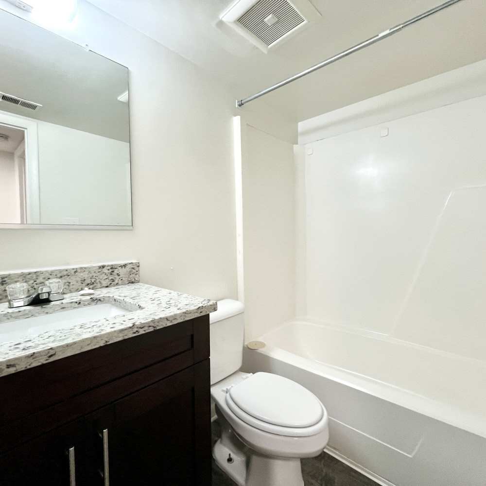 Bathroom with brown cabinets at Collinwood Apartments in Newport News, Virginia