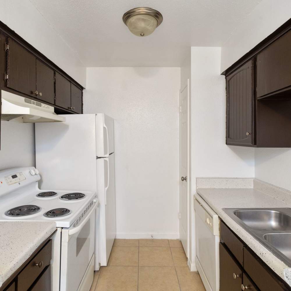 Modern kitchen at The Alora Apartments in Houston, Texas