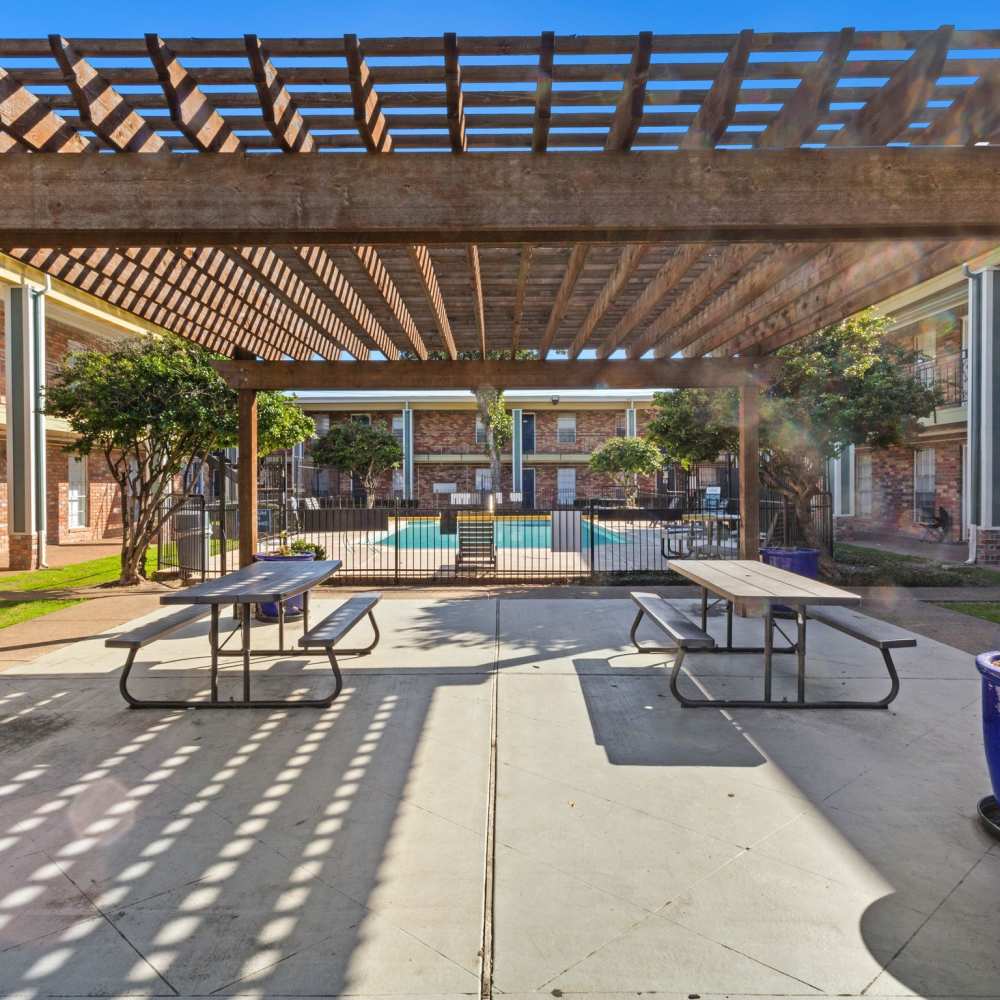 Outdoor community gathering areas at La Carmona in Houston, Texas