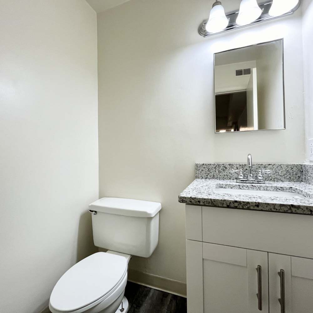 Bathroom space with updated cabinetry at Great Bridge Apartments in Chesapeake, Virginia