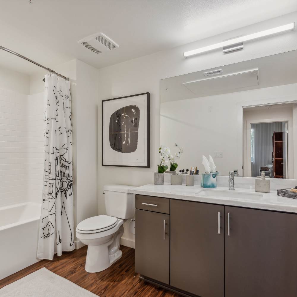 Bathroom with great lighting at Nineteen01 in Santa Ana, California
