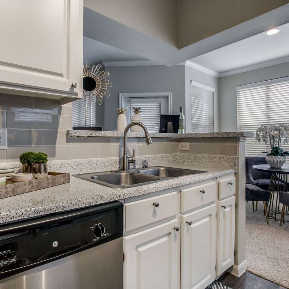 modern model kitchen with stainless-steel appliances at Arboretum Estates in Richardson, Texas