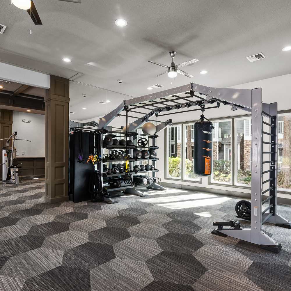 spacious fitness center at Weston at Copperfield in Houston, Texas