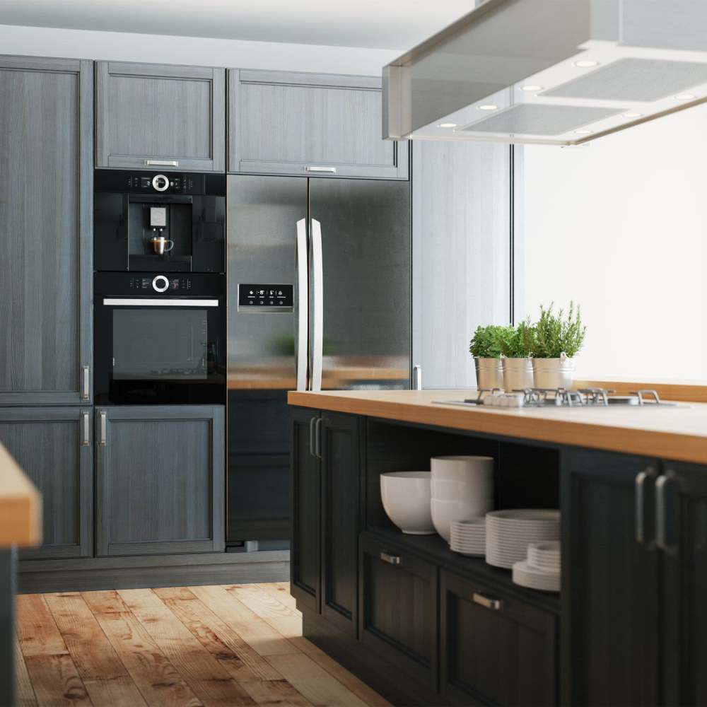 Kitchen with dark accents 479 SunBlossom Alivia in Maplewood, New Jersey
