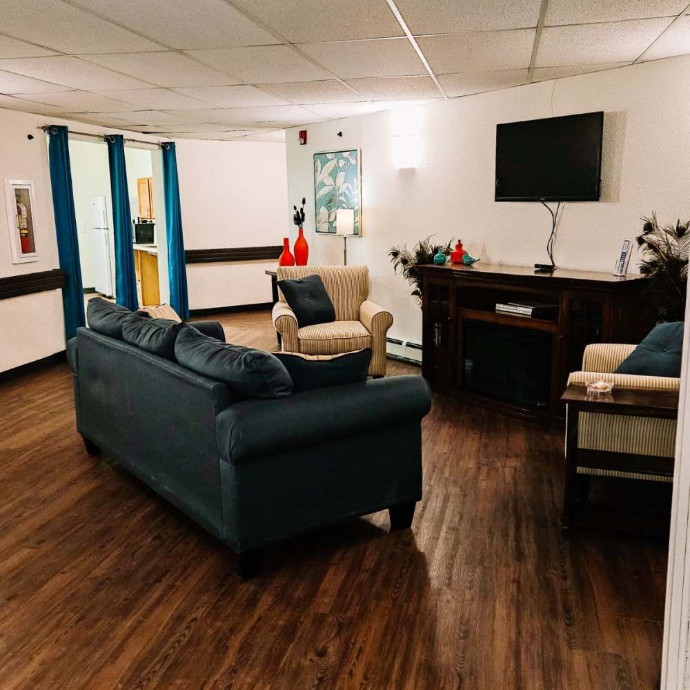 Living room with couch and TV in their townhome at Bramblewood in New Haven, Michigan