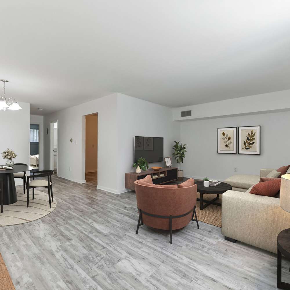 comfortable living room with wood plank flooring at Mountain View Terrace in Latham, New York