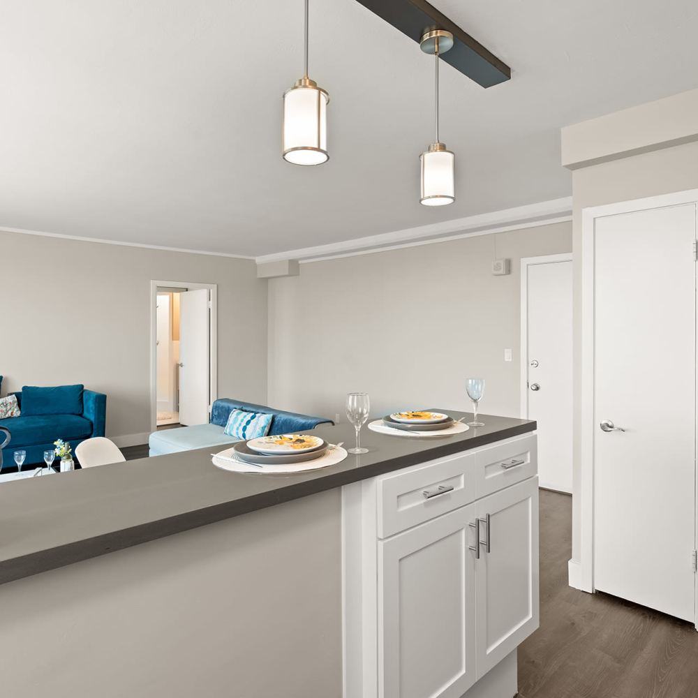 Kitchen island would light fixtures at Ryan Tower San Mateo, California
