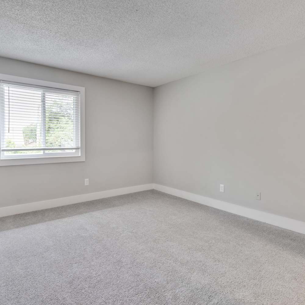 Empty bedroom with plush carpet flooring and window with blinds at Nottingham Apartments in Hendersonville,Tennessee