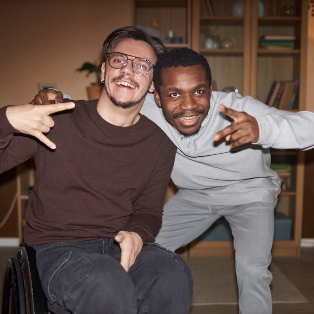 Two happy friends at Lake House in Los Angeles, California