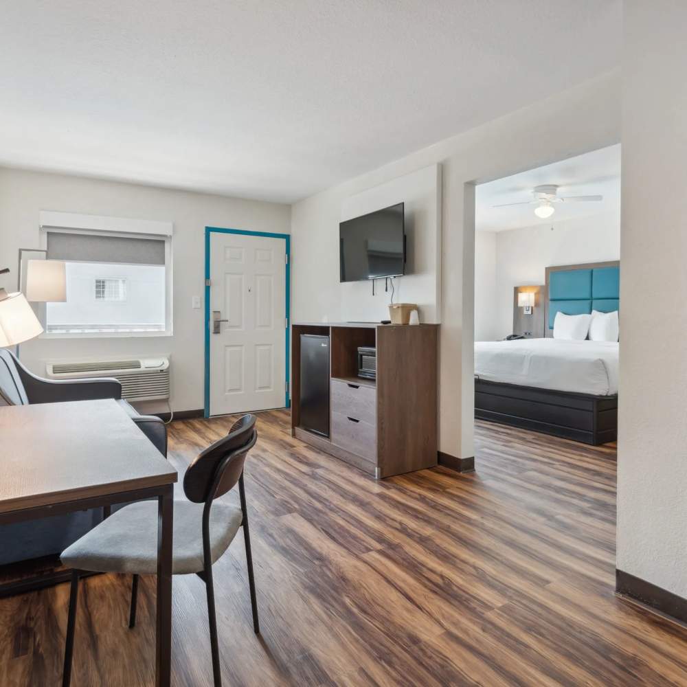 Wood-style flooring in a bright apartment at Atrium Flats in Nashville, Tennessee