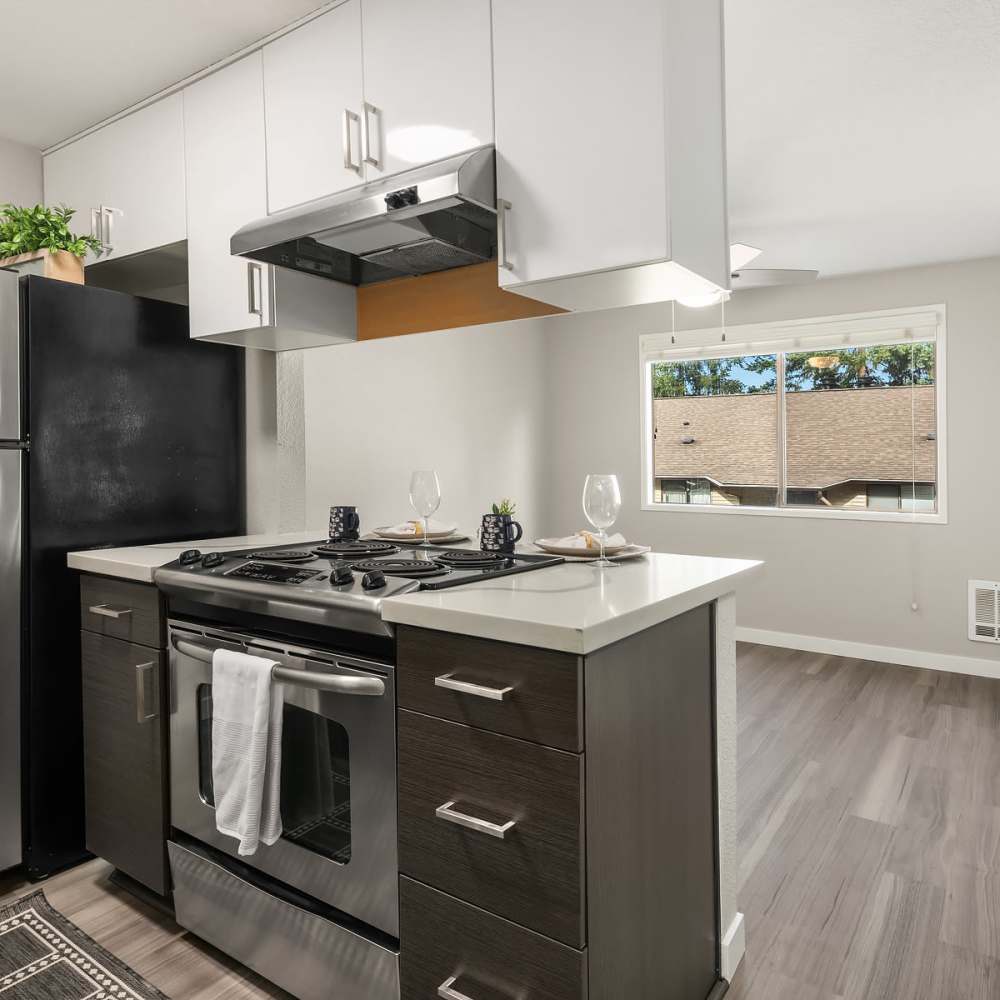 Kitchen with modern appliances The Summit in Redmond, Washington