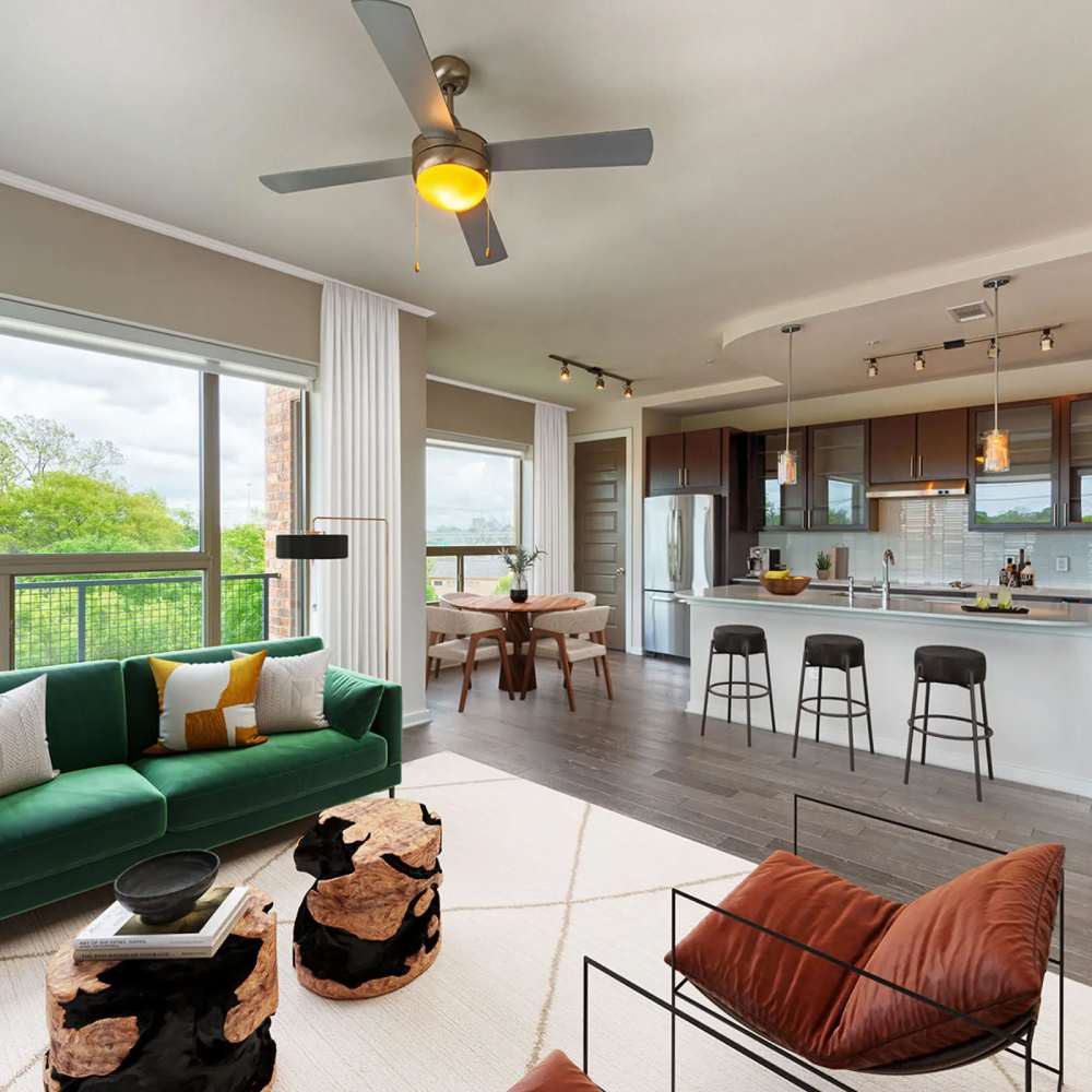 Modern living area of an apartment home at Revl Heights in Houston, Texas