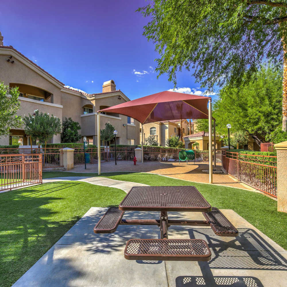 Steel picnic tables at Calypso Apartments in Las Vegas, Nevada