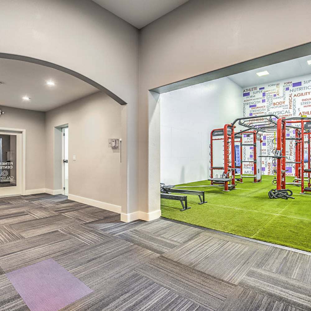 Hallway to the strength fitness room at Calypso Apartments in Las Vegas, Nevada