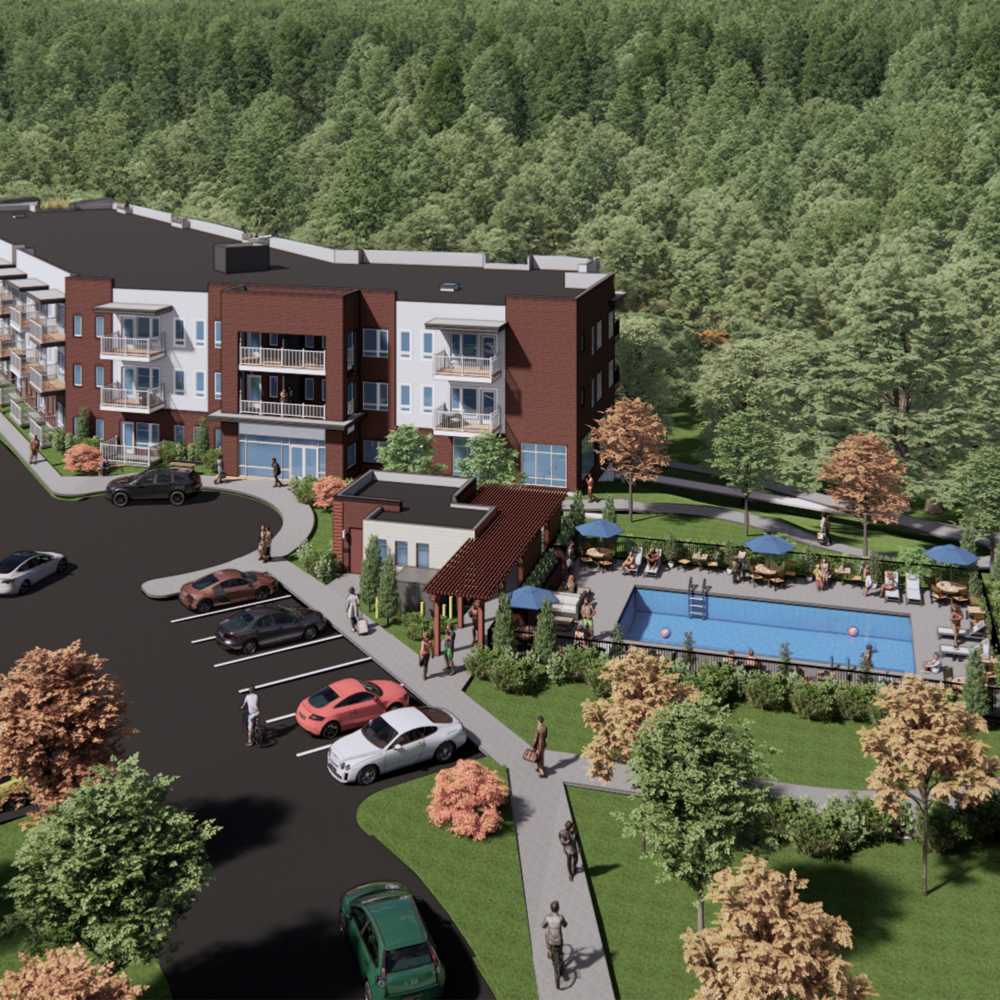 Exterior view of an apartment building surrounded by palm trees at 60 Mansfield Road, New London, Connecticut.