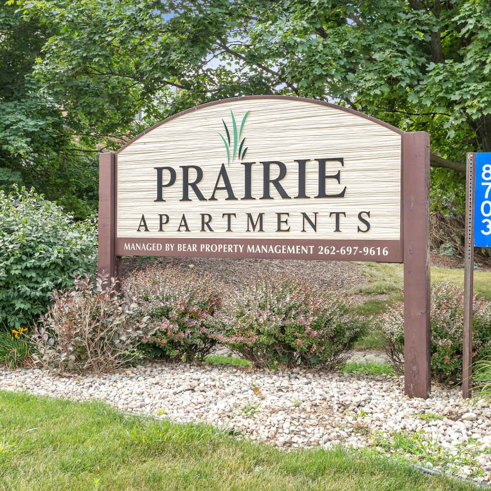 Large sign board of the property at Prairie Apartments in Salem,Wisconsin
