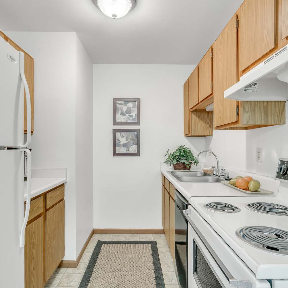 Kitchen with latest appliances like dishwasher, refrigerator at Prairie Apartments in Salem,Wisconsin