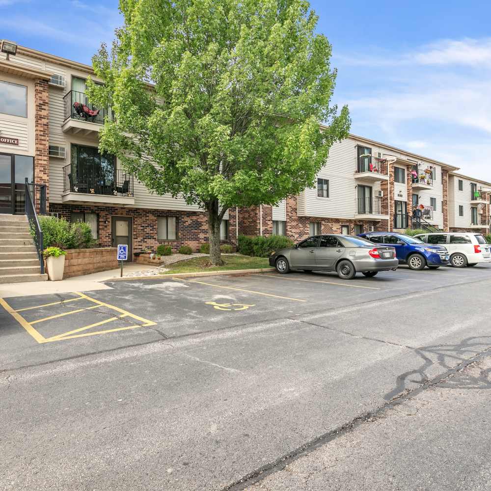Community parking spaces outside the complex at Prairie Apartments in Salem,Wisconsin