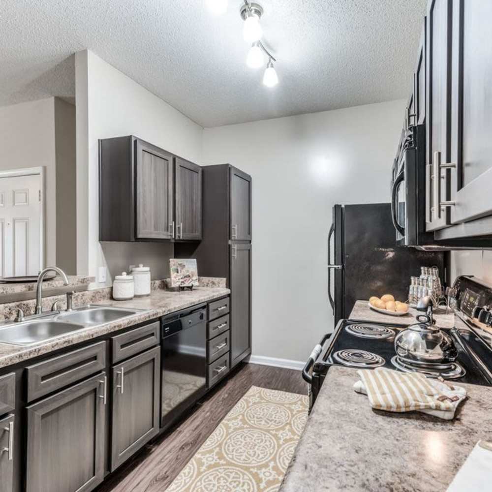 model kitchen with wood cabinets at The Landings of Conroe in Conroe, Texas