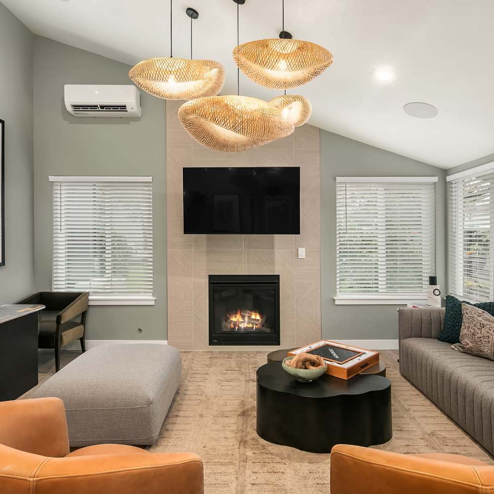 Lobby with TV and fireplace Cascadia at Fairwood Landing in Renton, Washington