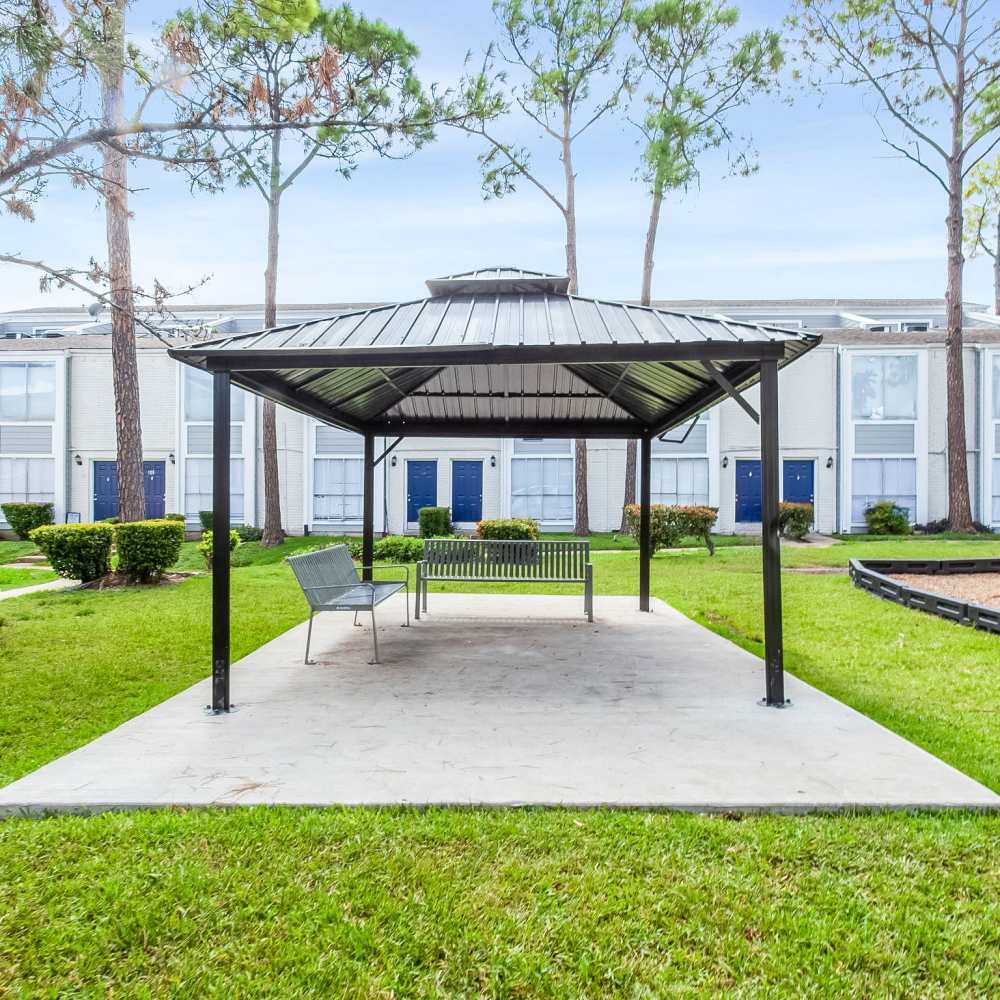 Outdoor community gathering areas at The Sanctuary At 9430 in Houston, Texas