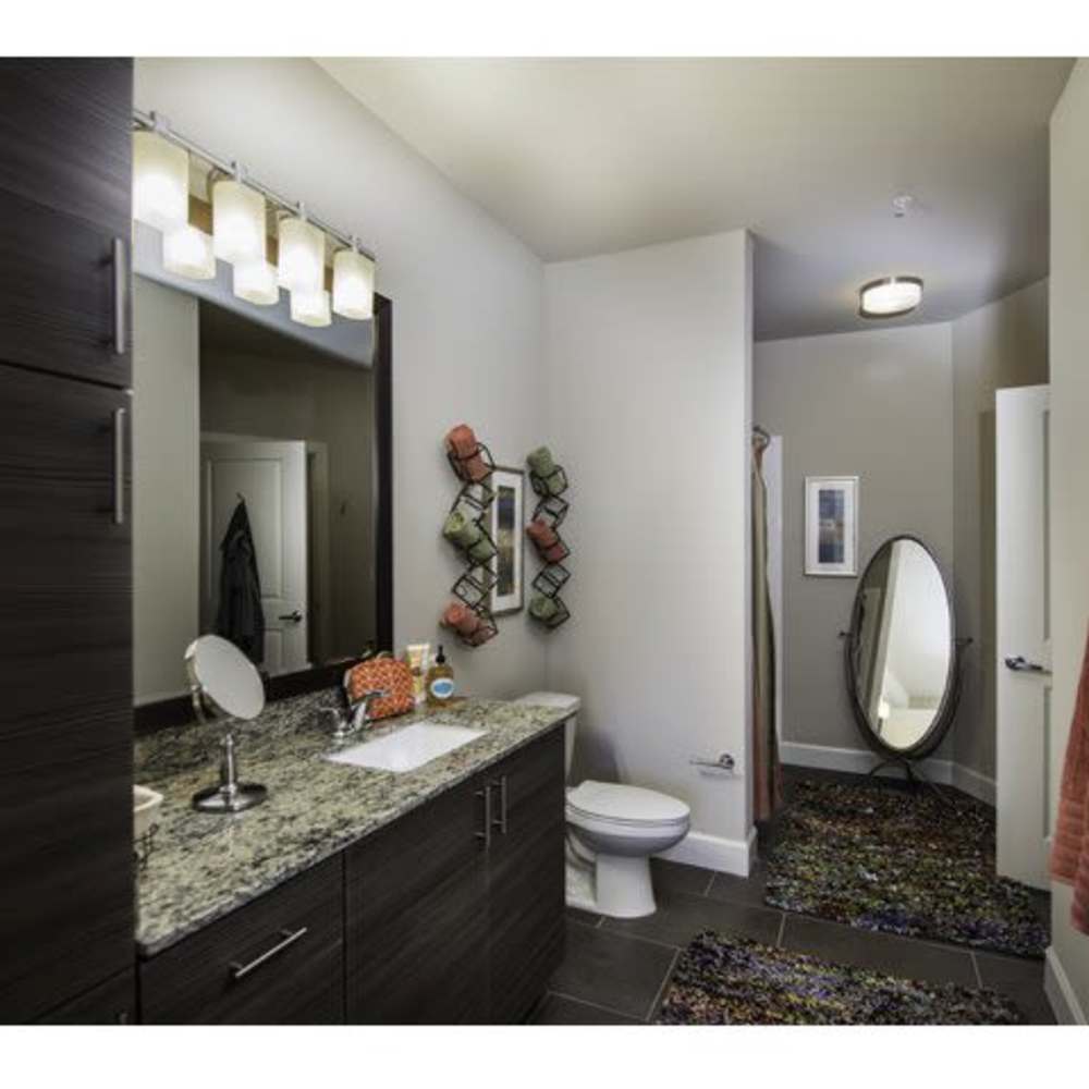 Apartment bathroom with vanity mirror at Beacon 430 in Saint Petersburg, Florida