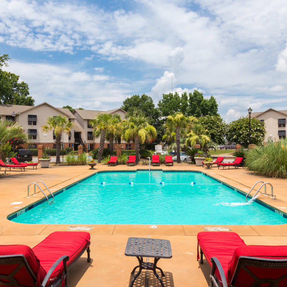 Multiple lounge chairs and a swimming pool at The Arbors On Taylor in Montgomery, Alabama