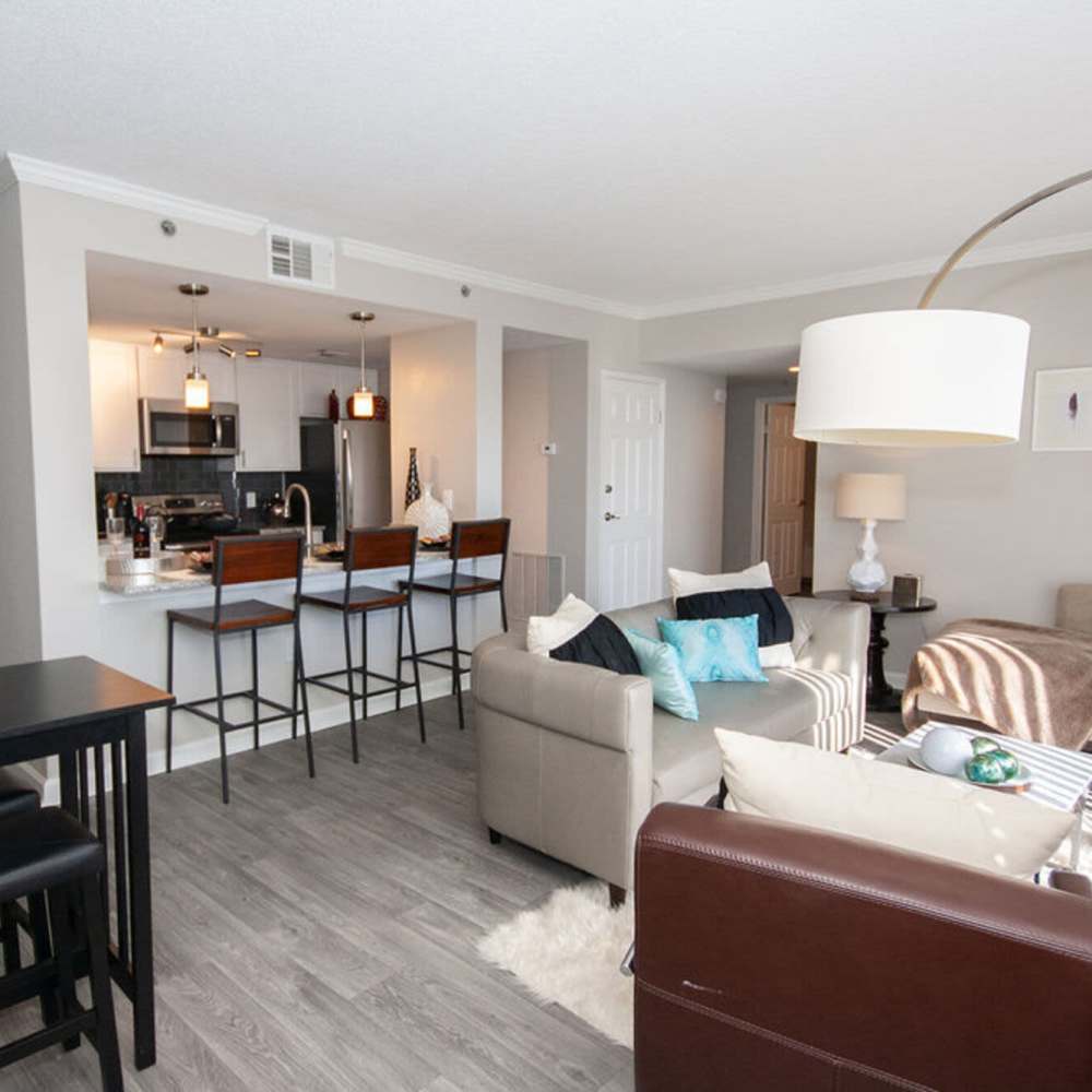 Spacious living room with couch and dining area at The Eva in Sandy Springs, Georgia