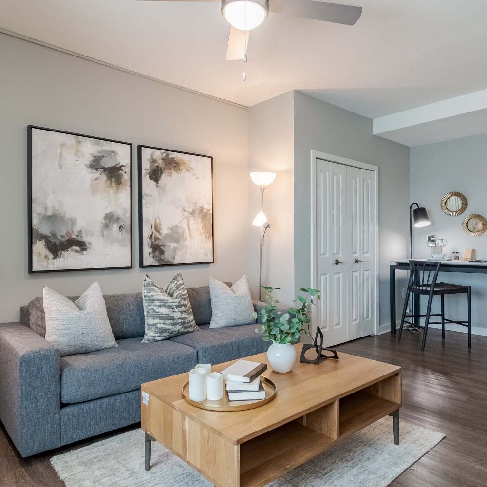 Furnished model living room at The Lofts at Twenty25 in Atlanta, Georgia