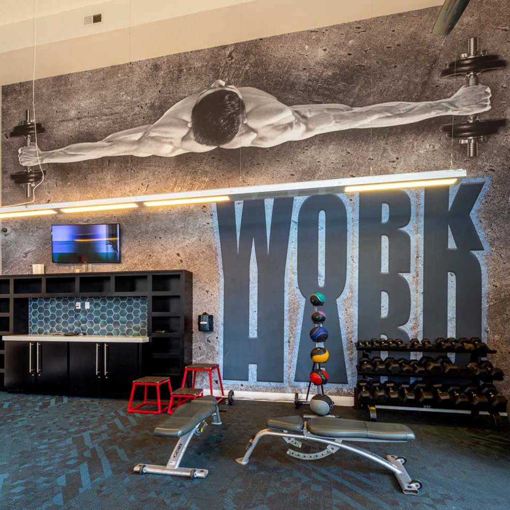 Community gym with dumbbells at The Richmond At Uptown in Houston, Texas