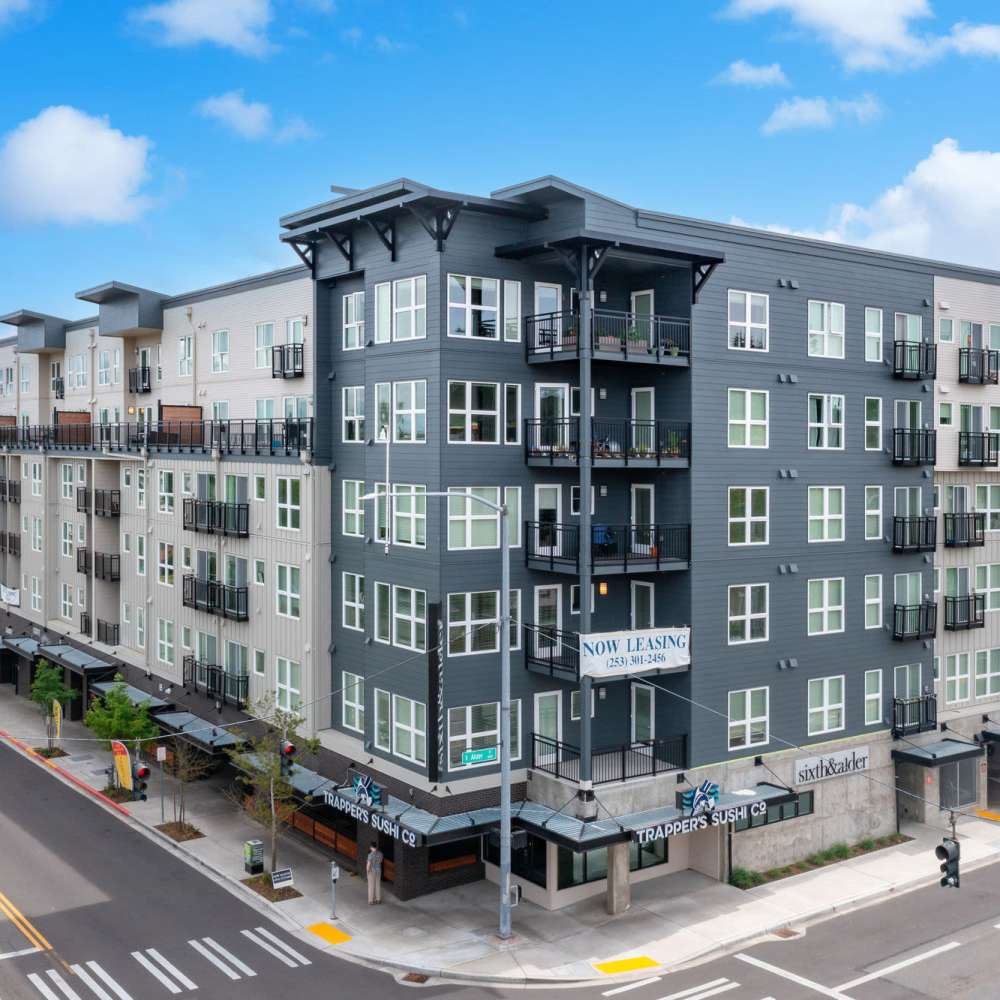 Exterior shot of the apartment at Sixth & Alder Apartments in Tacoma, Washington