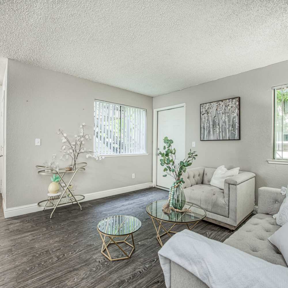 Well lit and open living room with couch and indoor plants at The Landing at Fancher Creek in Fresno, California, 