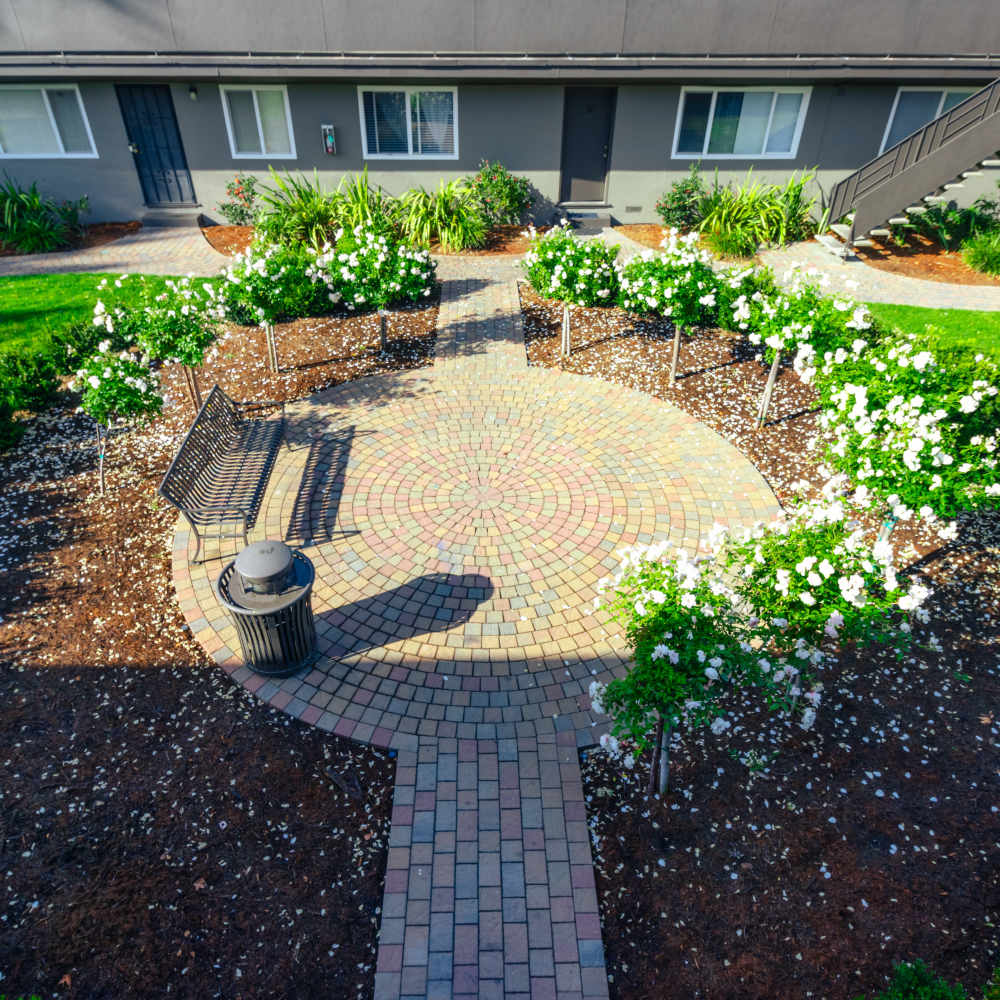 Outside are with plants at Garden Court Apartments in Alameda, California