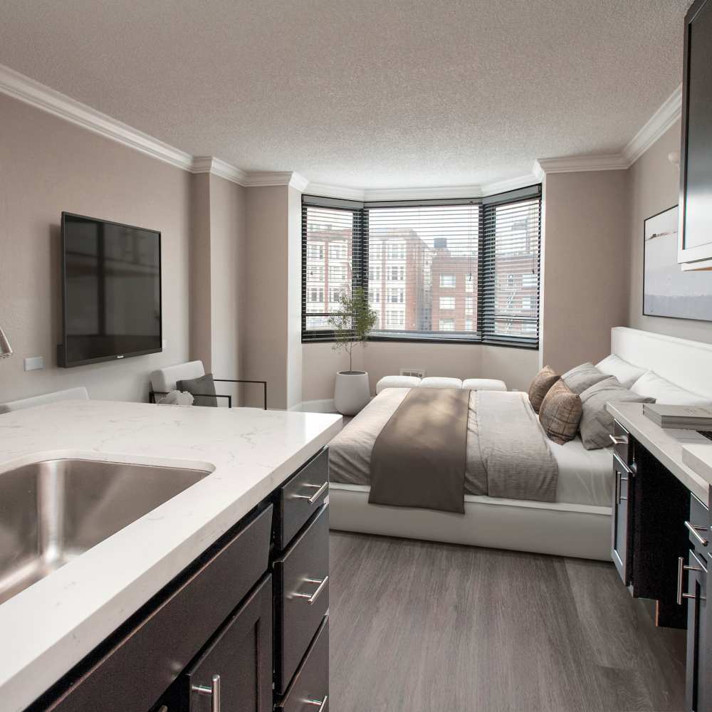 Kitchen bar and living area  at Tower 737 Condominium Rentals in San Francisco, California