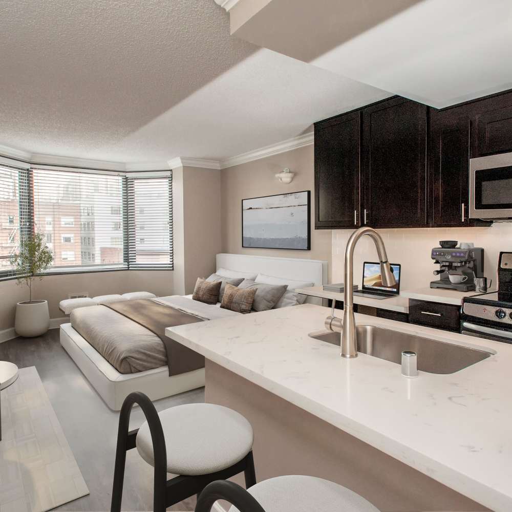 Renovated Kitchen and living area at Tower 737 Condominium Rentals in San Francisco, California