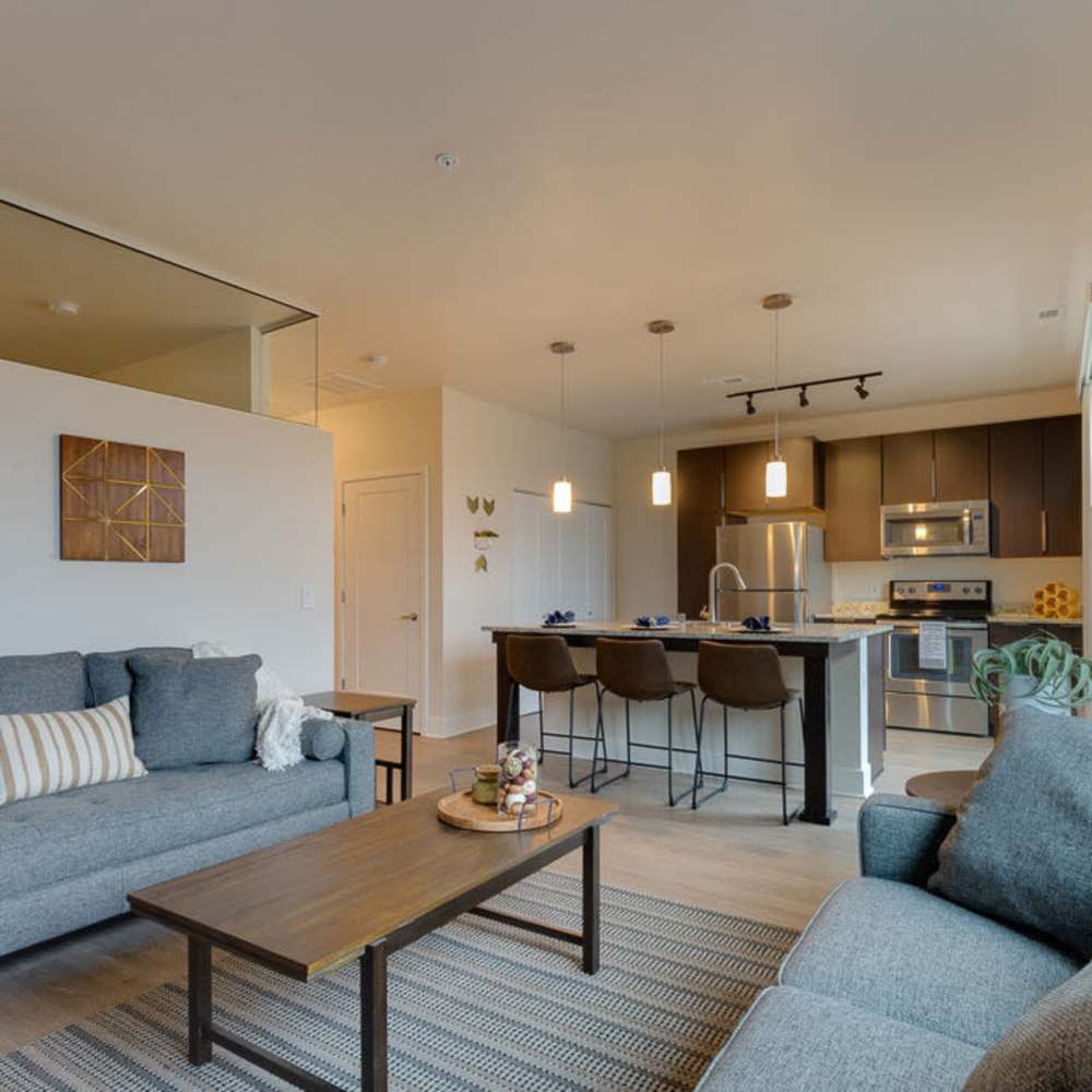 Living room with a close access to balcony at Lofts2 in Kenosha, Wisconsin