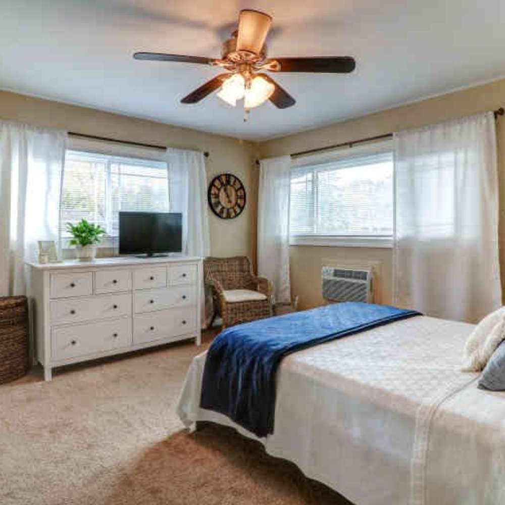Bedroom with two large windows, wooden cabinets, ceiling fan and a comfortable bed at Woodmont Terrace in Nashville, Tennessee