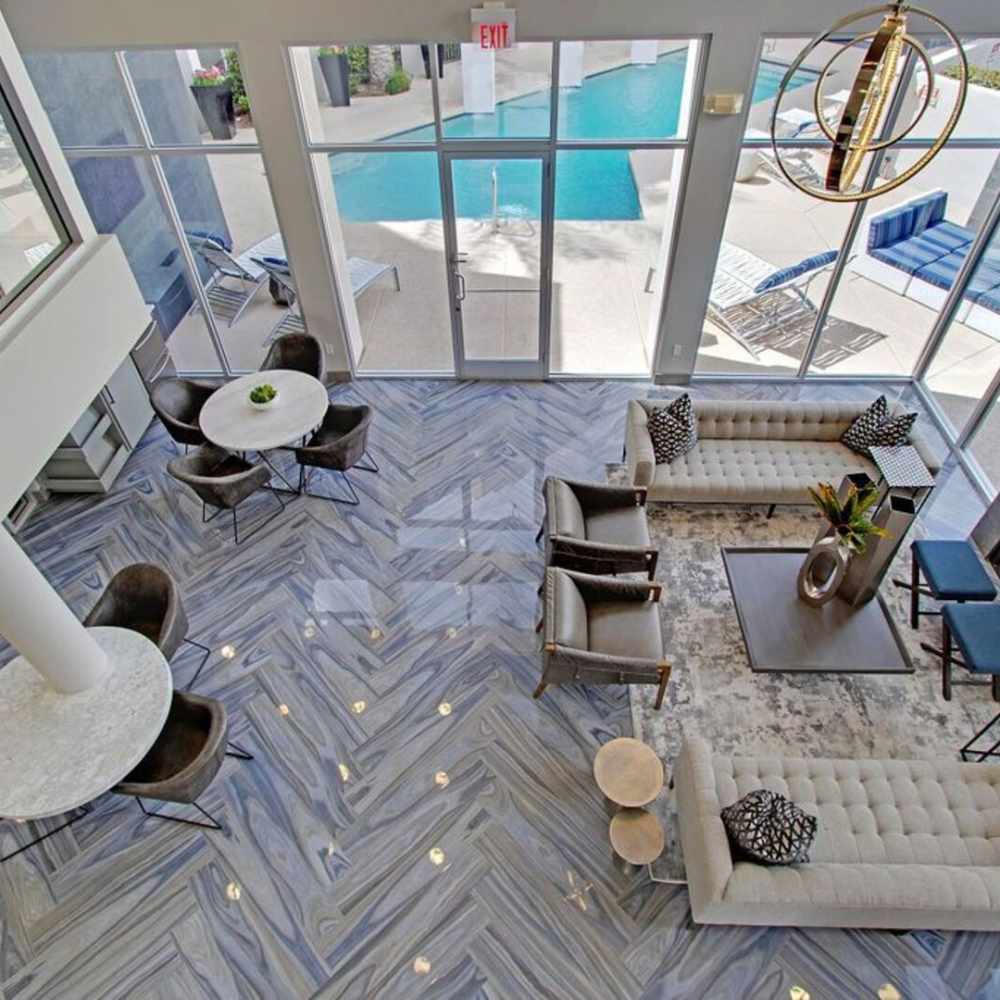 View looking down into clubhouse seating area at  Ninety Degrees in Phoenix, Arizona