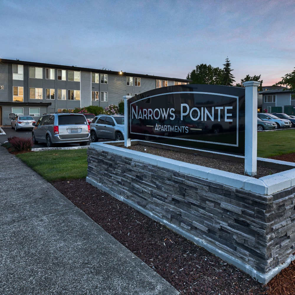 Signage board of apartment at Narrows Pointe Apartments in Tacoma, Washington