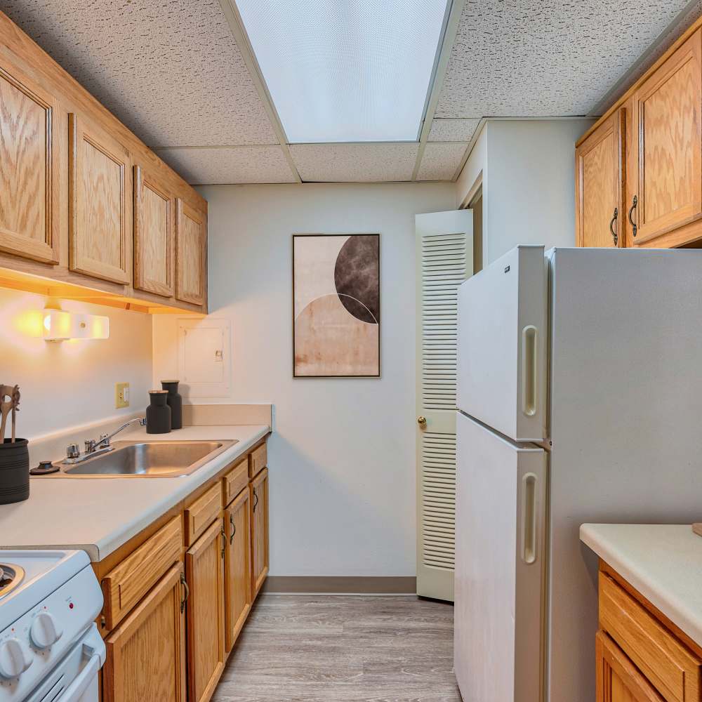 Modern kitchen with wood cabinets at Towne Centre Place in Ypsilanti, Michigan
