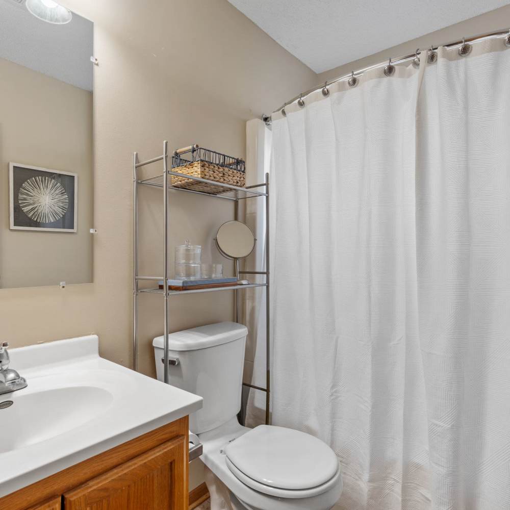 Bathroom with a toilet, sink and a large mirror at Granite Peaks in Minneapolis, Minnesota