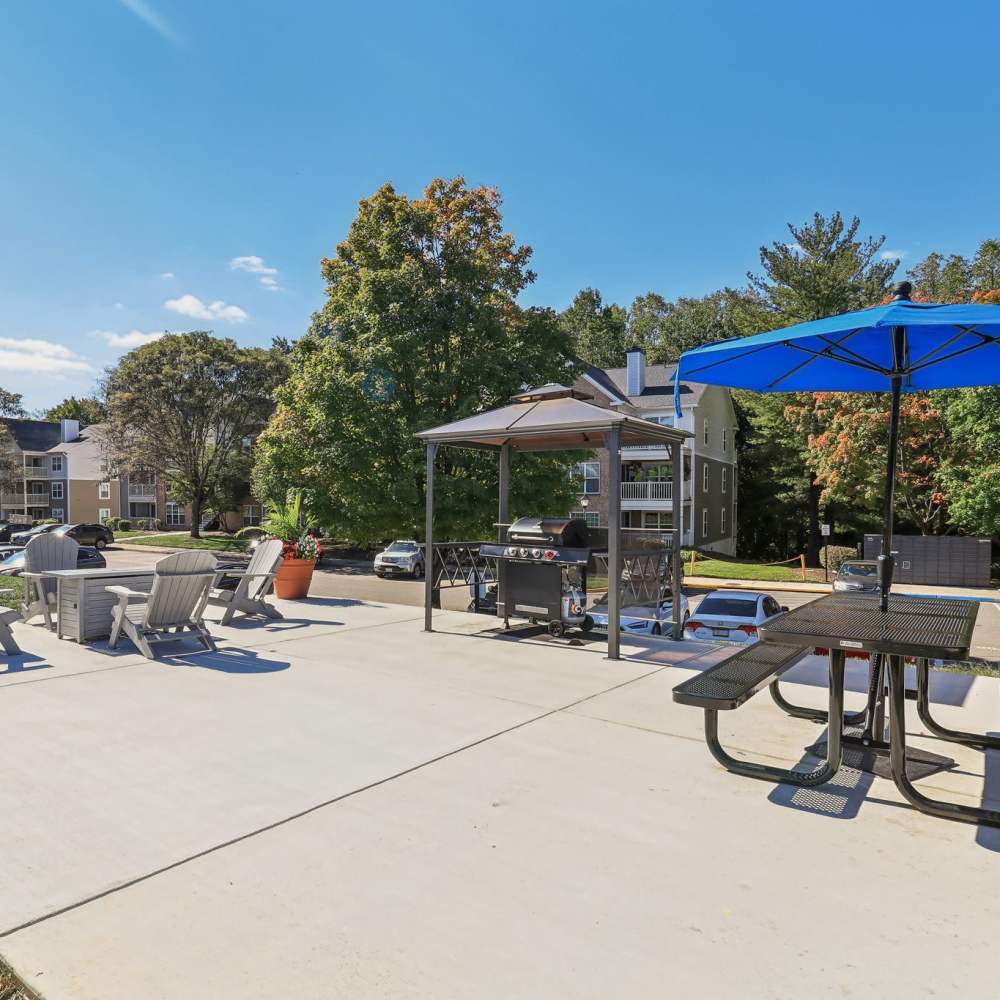 Outside seating area with grilling station at The Elms at Kingstowne in Alexandria, Virginia