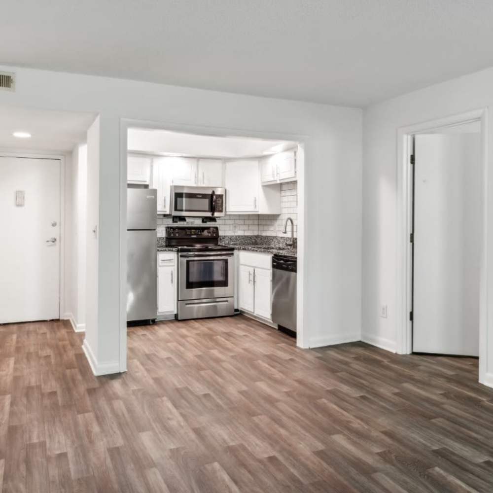 Wood-style flooring in an apartment at The Grove At Hickory Valley in Chattanooga, Tennessee