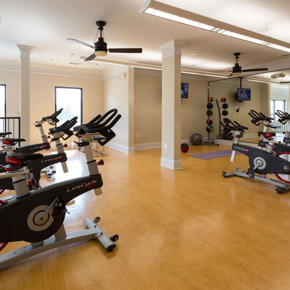 Wide range of equipment in the community fitness center at Terraces at Suwanee Gateway in Suwanee,Georgia