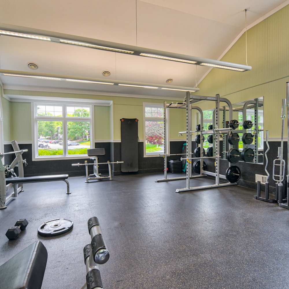 Well-equipped fitness center with multiple windows at Hawthorne Estates, Oakdale, Pennsylvania