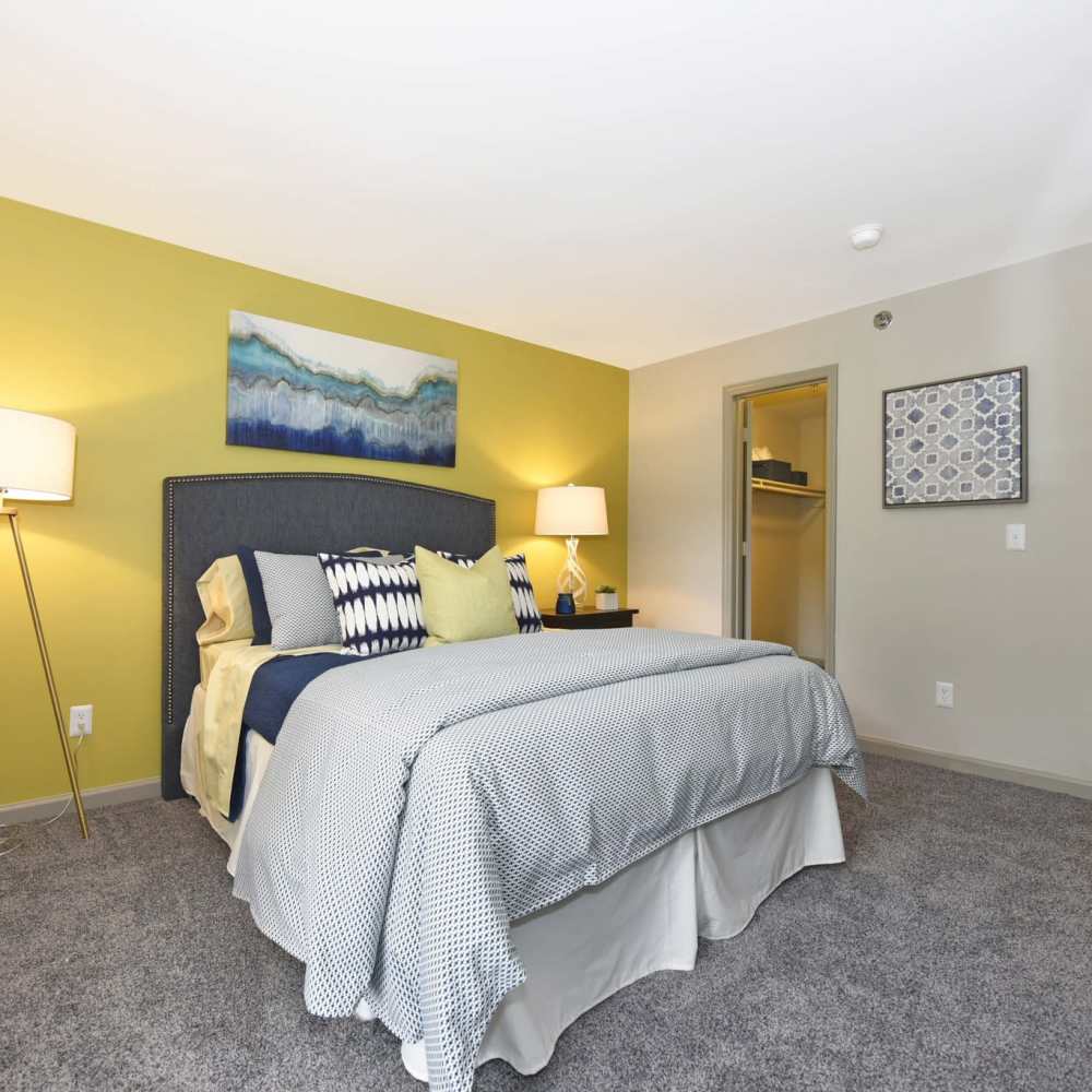Well-lit apartment bedroom at Sona at Harding in Nashville, Tennessee