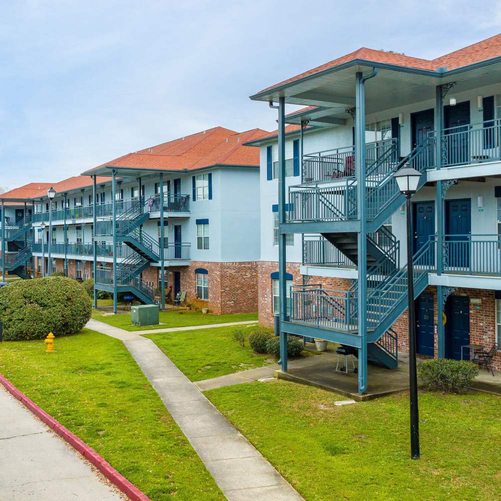 Modern exterior of the building with stairwell access at Royal Gulf Apartments in Biloxi,Mississippi